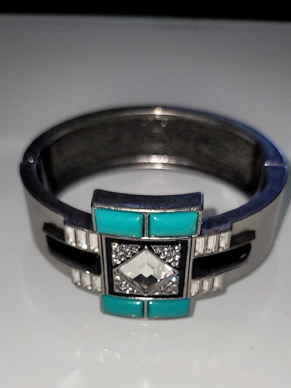 Lia Sophia Geometric Statement Cuff Bracelet Silver Tone Turquoise Black Crystal